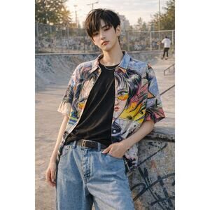 Romwe Mizucat Anime Graphic Shirt Men's L Button Front Streetwear K-Pop